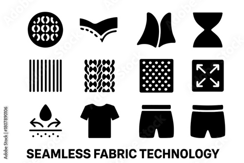 Seamless Fabric Icons. Seamless Fabric Technology. Solid icon set of Seamless Fabric Technology: circular knit pattern, laser cut edges, bonded seam, gusset