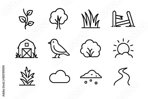Nature's Return Icons. Nature Reclaiming Farmland. Line icon set of Nature Reclaiming Farmland: vine, tree, grass, broken fence, barn, bird, bush, sun, weed,