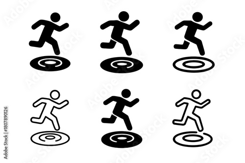 Jumping Puddles Logos. Jumping over puddles. Icon set. Set Logo of Jumping over puddles: Reflection in water. harmonious logo variations of the same emblematic