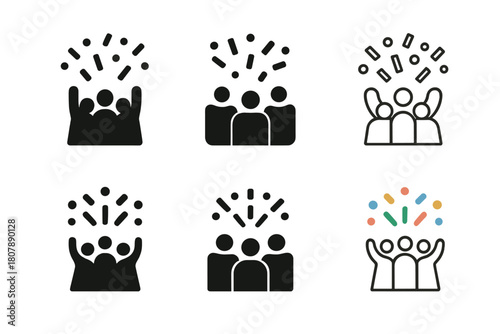 Celebration Logo Variations. Mass celebration. Icon set. Set Logo of mass celebration: dancing figures under confetti and lights. harmonious logo variations of