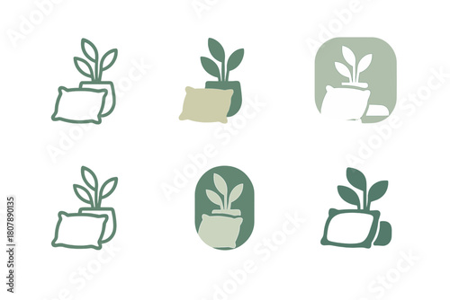 Serene Bedroom Logos. A peaceful bedroom with soft, calming colors and scents. Icon set. Set Logo of peaceful bedroom: plant and pillow arrangement symbolizing