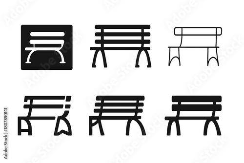 Empty Bench Icons. Empty bench. Icon set. Set Logo of empty bench: bench by lake. harmonious logo variations of the same emblematic concept, each