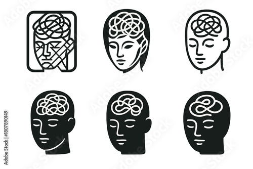 Mindful Chaos Emblems. Overactive mind in a peaceful, dark room. Icon set. Set Logo of overactive mind in a peaceful, dark room: serene face with chaos inside.