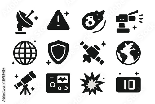 Planetary Defense Icons. Planetary defense and meteors. Solid icons set of Planetary defense and meteors: radar dish, warning alert, asteroid path, laser