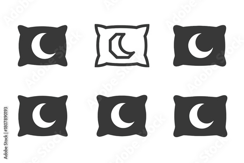 Pillow Icon Variations. Extra pillow. Icon set. Set Logo of extra pillow: pillow with moon symbol for sleep comfort. harmonious logo variations of the same