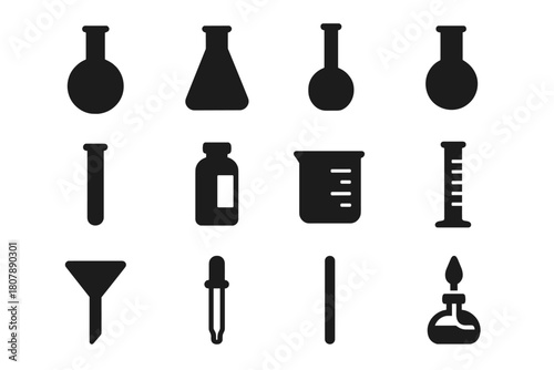 Experiment Flask Icons. Experiment Flasks. Solid icon set of Experiment Flasks: round-bottom flask, Erlenmeyer flask, volumetric flask, Florence flask, test