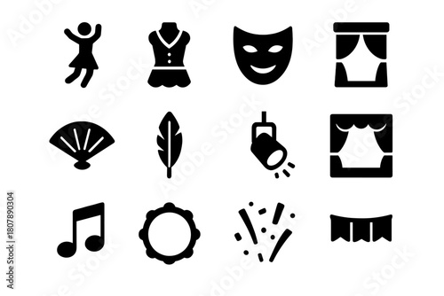 Stage Icons Collection. Stage show. Solid icon set of Stage show: dancer, costume, mask, drum, fan, feather, spotlight, stage, music note,
