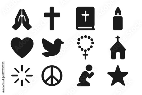 Prayer Symbol Icons. Prayer. Solid icon set of prayer: praying hands, cross, bible, candle, heart, dove, rosary, church, light rays, peace symbol, kneeling