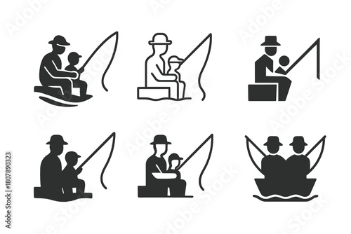 Father-Son Fishing Logos. Father and son activity. Icon set. Set Logo of father and son activity: fishing together. harmonious logo variations of the same