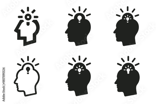 Radiant Thought Icon Showcase. Flash of brilliance. Icon set. Set Logo of flash of brilliance: human head with radiant thought spark. harmonious logo