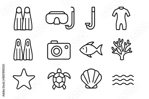 Snorkeling Gear Icons. Snorkeling gear. Line icon set of Snorkeling gear: fins, snorkel mask, snorkel tube, wetsuit, flippers, underwater camera, fish, coral,