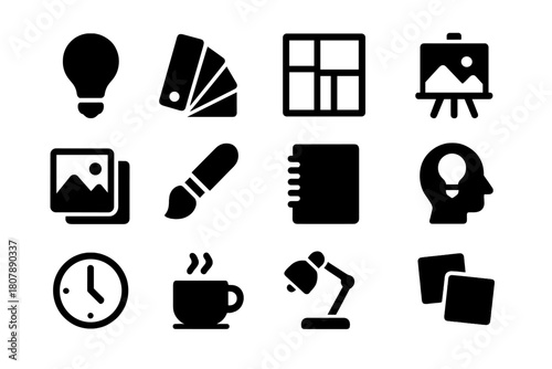 Studio Icon Collection. Studio inspiration. Solid icon set of Studio inspiration: lightbulb, color swatch, mood board, canvas, photo, paintbrush, notebook,