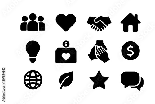 Community Icons Set. Community support. Solid icon set of community support: people group, heart, handshake, home, lightbulb, donation box, hands together,