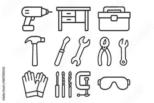 DIY Workshop Icons. DIY workshop. Line icon set of DIY workshop: electric drill, workbench, toolbox, hammer, screwdriver, wrench, pliers, drill bits, safety