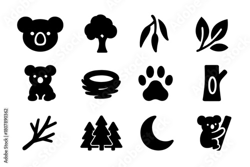 Wildlife Icon Set. Wildlife Icons. Solid icon set of Wildlife Icons: koala, tree, eucalyptus branch, leaves, baby koala, nest, paw print, tree hollow, branch,