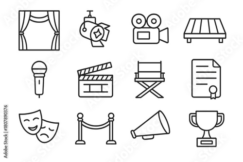 Stage Icon Set. Stage production. Line icon set of stage production: curtain, spotlight, camera, stage floor, microphone, clapperboard, director chair, script,