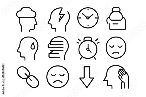 Stress Icon Set. Stress and Pressure. Line icon set of Stress and Pressure: head with cloud, lightning bolt, clock, weight, sweat drop, document stack, alarm,