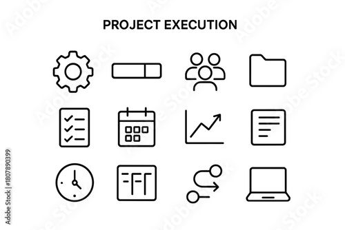 Project Execution Icons. Project execution. Line icon set of project execution: gear, progress bar, team, folder, checklist, calendar, chart, document, clock,