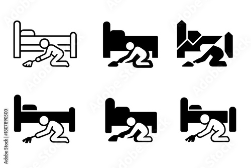 Cleaning Icon Variations. Cleaning under the bed. Icon set. Set Logo of Cleaning under the bed: Person dusting under bed. harmonious logo variations of the