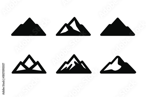 Mountain Logo Variations. Distant Mountains. Icon set. Set Logo of Distant Mountains: Sunrise over mountains. harmonious logo variations of the same emblematic