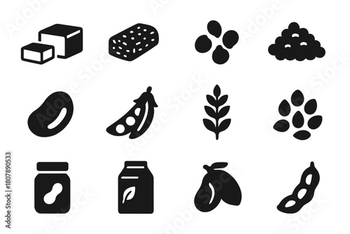 Vegan Protein Icons. Vegan protein sources. Solid icon set of Vegan protein sources: tofu, tempeh, chickpeas, lentils, beans, peas, quinoa, hemp seeds, pumpkin