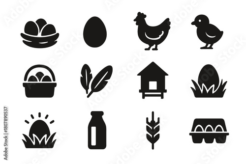 Farm Fresh Icons. Farm Fresh. Solid icon set of Farm Fresh: egg, nest, hen, chick, basket, feathers, coop, grass, carton, milk bottle, wheat stalk, sunrise.