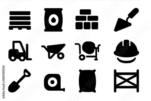 Construction Icon Set. Blue-collar worker. Icon set. Set Logo of Construction Site: Crane and building. Stylized detail, Abstract geometric, Minimal outline,