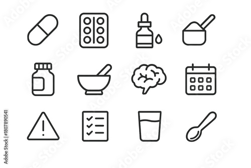 Supplement Icon Set. Supplements and nootropics. Line icon set of supplements and nootropics: pill capsule, tablet blister, dropper bottle, powder scoop,