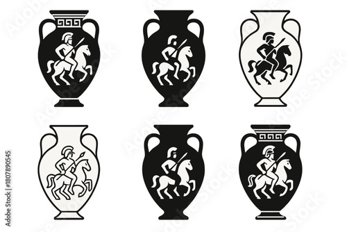Amphora Logo Variations. Historical artwork. Icon set. Set Logo of historical artwork: amphora vase with mythic motif. harmonious logo variations of the same