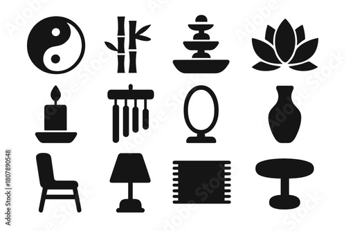 Harmonious Living Icons. Harmonious living. Solid icon set of Harmonious living: yin yang, bamboo plant, water fountain, lotus flower, candle, wind chime,
