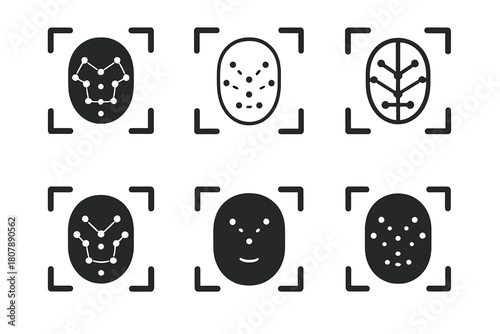 Facial Recognition Logos. Facial recognition. Icon set. Set Logo of facial recognition: camera lens with face aperture motif. harmonious logo variations of the