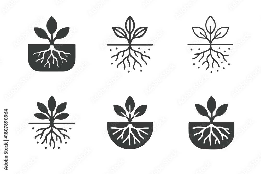 Obraz premium Invasive Species Icons. Invasive species. Icon set. Set Logo of invasive species: roots and branches intertwining unnaturally. harmonious logo variations of