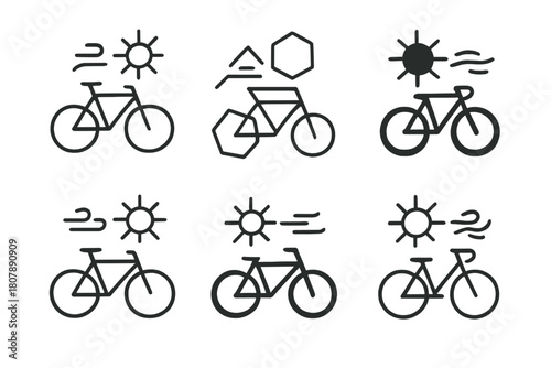 Bicycle Commuting Icons. Bicycle commuting. Icon set. Set Logo of Bicycle Commuting: cyclist on curved road path. harmonious logo variations of the same