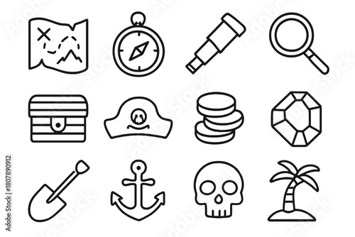 Adventure Iconography. Adventure icons. Line icon set of adventure icons: map, compass, telescope, magnifying glass, treasure chest, pirate hat, gold coins,