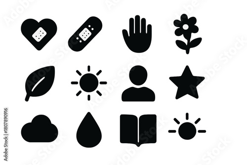 Emotional Healing Icons. Emotional healing. Solid icon set of emotional healing: heart, bandage, hand, flower, leaf, sun, person, star, cloud, water drop,