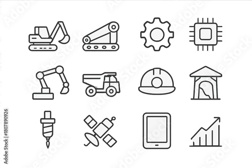 Mining Technology Icons. Mining Technology. Line icon set of Mining Technology: excavator, conveyor, gear, data chip, robot arm, truck, helmet, mine shaft,
