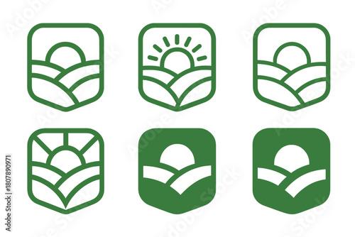 Eco Logo Variations. Green label design with eco vibes trend. Icon set. Set Logo of green label design with eco vibes trend: sun over hills. harmonious logo