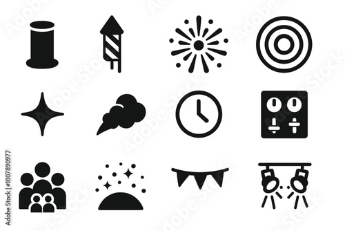 Fireworks Icon Set. Independence Day fireworks. Line icon set of Independence Day fireworks: rocket, burst firework, sparkler, star, flag, night sky, confetti,