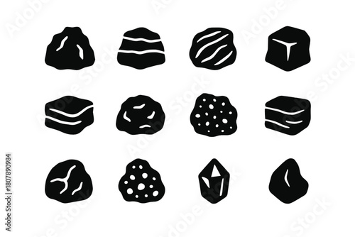Rock Types Icon Grid. Types of rocks. Solid icon set of Types of rocks: igneous rock, sedimentary rock, metamorphic rock, basalt, sandstone, limestone,