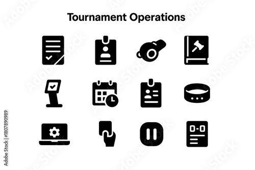 Tournament Operations Icons. Tournament Operations. Solid icon set of Tournament Operations: registration form, player badge, referee whistle, rulebook,