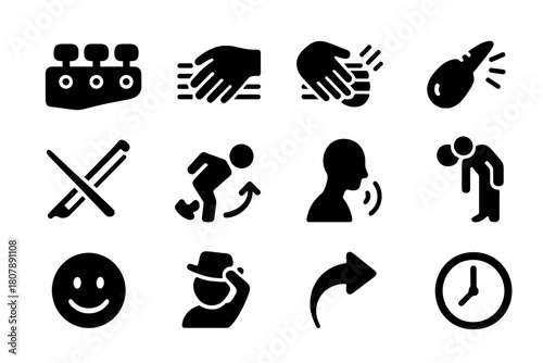 Performance Icon Set. Performance Moments. Solid icon set of Performance Moments: tuning keys, strumming hand, fingerpicking hand, whistle solo, fiddle bow,