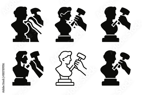 Sculptural Art Logos. Craftsmanship and manual labor in the arts. Icon set. Set Logo of Sculpture: sculptor?s hand carving a statue. harmonious logo variations