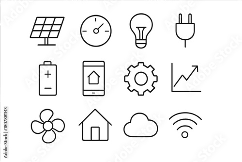 Home Energy Icons. Home energy control. Line icon set of home energy control: solar panel, thermostat, light bulb, plug, battery, app interface, gear, graph,
