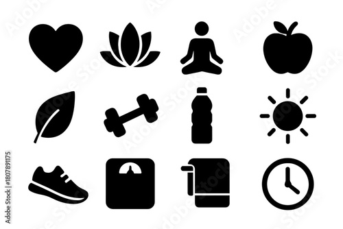Health Icons Grid. Health and wellness. Solid icon set of health and wellness: heart, lotus, yoga pose, apple, leaf, dumbbell, water bottle, sun, shoe, scale,