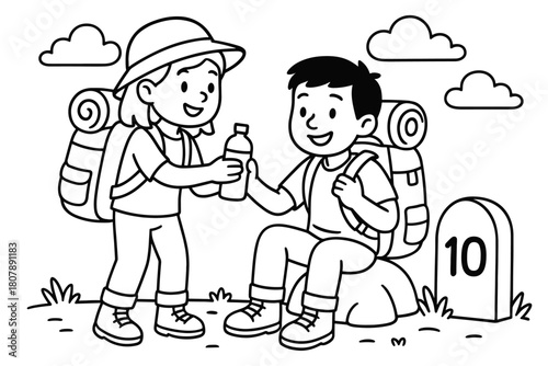 Travelers Sharing Kindness. Gratitude and kindness on the road children?s coloring book illustration, outlined drawing, travelers sharing water and helping