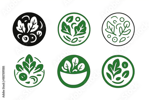 Salad Logo Variations. Salad bowl. Icon set. Set Logo of salad bowl: top view of mixed salad ingredients. harmonious logo variations of the same emblematic