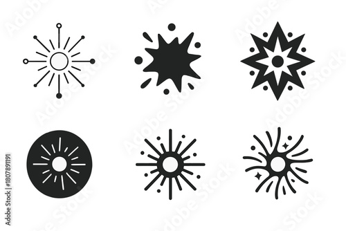 Big Bang Logos. big bang. Icon set. Set Logo of big bang: radiant energy sphere. harmonious logo variations of the same emblematic concept, each with different