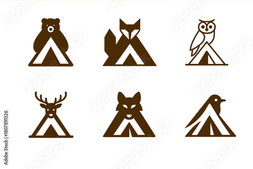 Camping Emblem Variations. Group camping adventures. Icon set. Set Logo of group camping adventures: camp badges featuring animal icons and tents. harmonious