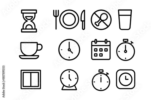 Intermittent Fasting Icons. Intermittent fasting. Line icon set of intermittent fasting: hourglass, plate, fork, knife, no food symbol, water glass, tea cup,