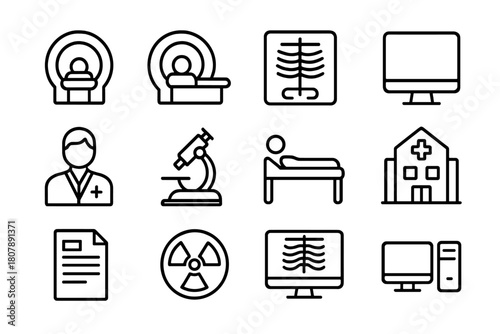 Radiology Icons Grid. Radiology lab. Line icon set of radiology lab: MRI machine, CT scanner, x-ray image, monitor, doctor, microscope, patient, hospital,